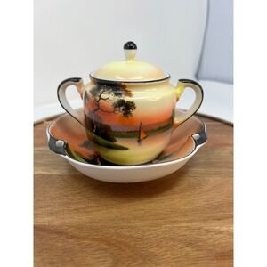 Vintage Hand Painted Sugar Bowl Creamer Set Landscape Scene